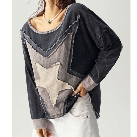 Charcoal Star patch Frayed Loose Fit  Long Sleeve Top - Picture 2 of 6